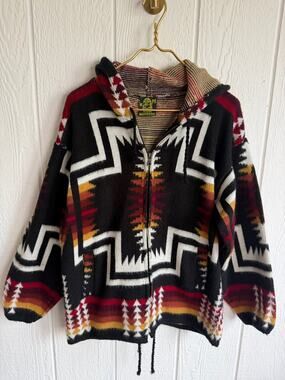 Vintage Ruminahui Ecuador Wool Hooded Sweater Jacket Medium Southwestern Aztec